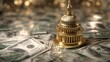© Promptalo - A golden Capitol dome model sits atop scattered US dollar bills, symbolizing the connection between government and finance