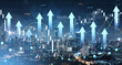 Digital stock market growth concept with arrows and data chart overlays on Bangkok city skyline at night in Asia, symbolizing financial success.