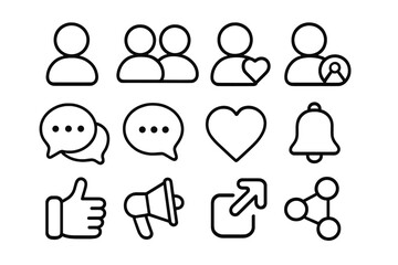 Social media line icon set, people, messaging, interaction, communication, notification, heart, like, share, cartoon vector illustration, transparent background, web and app interface elements.
