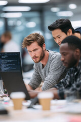 Diverse team working intensely at a computer screen, collaborating on a software project. Focus on problemsolving, innovation, and teamwork. Ideal for tech, startup, or business contexts.