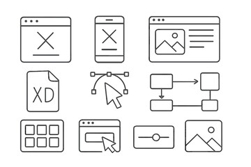 user interface wireframe icon set, prototyping tools, linear style, web and mobile ux ui elements, v
