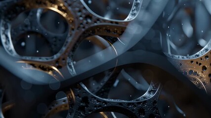 A macro shot of an intricate and complex network of flowing, interconnected metallic structures with glowing particles, representing a high-tech system.