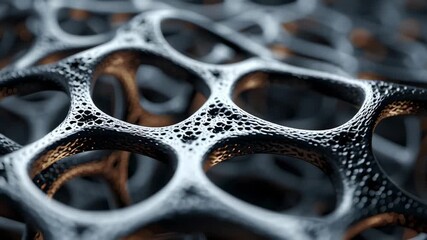 A close-up shot of an abstract metallic surface with a porous, grid-like pattern. The detailed structure is silver with a warm, copper-colored undertone.