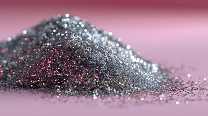 Wall Mural - Close Up of a Pile of Silver Glitter Shimmering on a Soft Pink Background with Reflections