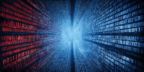 Binary Code Tunnel: Futuristic Technology Background with Digital Data Flowing in Red and Blue