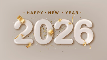 Wall Mural - Happy New Year 2026. Celebration greeting Banner with realistic 3d number and falling confetti