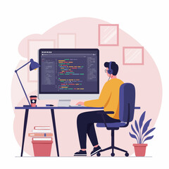A programmer sits at a desk, wearing headphones and coding on a computer with a bright screen displaying lines of code. The scene is a well-lit workspace with a desk lamp, books, and a potted plant