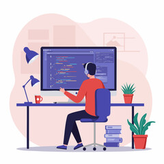Male software developer sitting at a desk and writing code on a large computer screen, illustrating the concept of programming and remote work