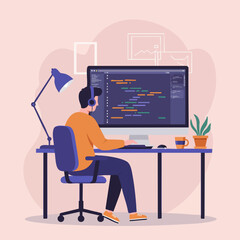 A dedicated software developer engrossed in coding on a desktop computer, representing the process of digital creation and technological innovation