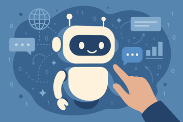AI machine learning concept with hand touching a digital chatbot for data access. Robot assistant for global online network, data exchange, and deep learning technology.