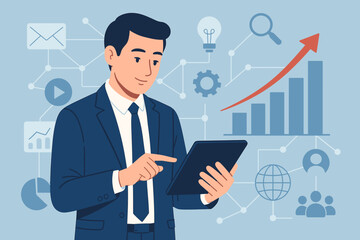 Businessman using tablet for digital online marketing and sales data analysis. Concept of business growth, strategy, solution development with modern interface icons and graphs.