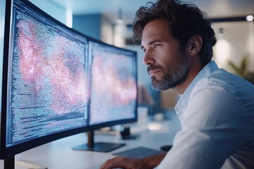 A focused male programmer intently reviews lines of code displayed on a large dual monitor setup.