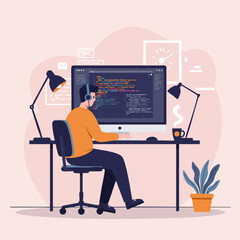 Man at work concept, a programmer sitting at a desk and coding on a computer monitor in a creative workspace