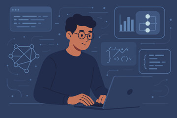 Man programmer at laptop analyzing data on futuristic screen. Developer coding software with virtual interface dashboard. Big data analysis, algorithm development concept vector.