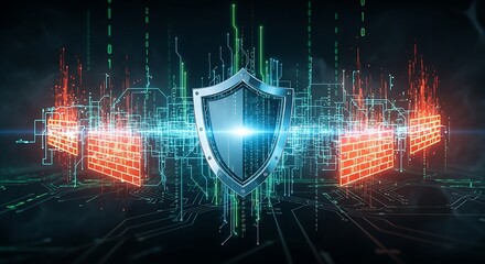 Digital shield protecting against cyber attacks with firewalls and binary code background elements