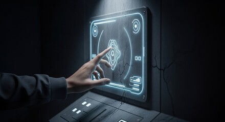 Wall Mural - Man interaction with futuristic user interface. Digital touch screen showing data. Technology concept for data analysis and scifi.