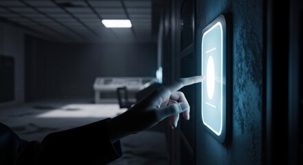 Wall Mural - Person finger pressing glowing button. Futuristic control panel with bright blue light. Human hand touching digital screen, technology concept.