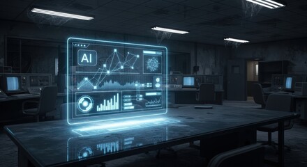 Wall Mural - Futuristic artificial intelligence hologram with data on desk in an abandoned control room. AI analytics technology concept for future innovation.