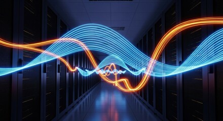 Wall Mural - Neon wavy lines with light streaks traveling through data center server room. Digital information flowing. Concept of big data transfer.