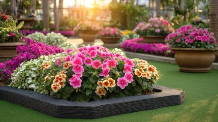 Wall Mural - Colorful flowers in a garden bed with a decorative border.