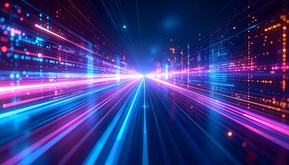 Journey through a digital landscape with glowing streams of holographic data and blurred neon bokeh lights