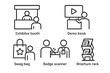 © Lukas - Trade show and exhibition icon set. Vector line art symbols for business events, conferences. Includes exhibitor booth, demo kiosk, swag bag, badge scanner, and brochure rack.