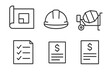 © Lena - Construction and building process outline icon set. Vector linear symbols for architecture and engineering. Includes blueprint, hard hat, cement mixer, project checklist, invoice.
