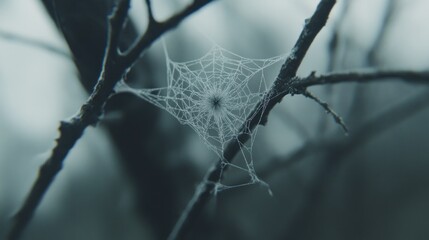 A captivating spiderweb suspended between branches in a soft misty forest landscape