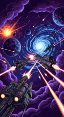 Wall Mural - massive space battle with starships firing lasers into a glowing wormhole in the galaxy
