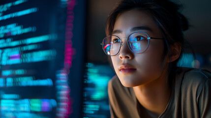 Young woman wearing glasses intently studies colorful lines of code reflected on a computer screen in a dark room, highlighting focus and technology use
