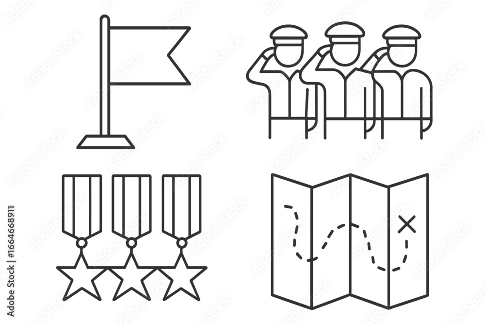 Military linear icons set. Army vector symbols of unit flag, soldiers ...