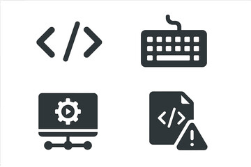 Programming and web development solid glyph icon set. Vector collection of coding tools, computer keyboard, API settings, and code file error symbols for software development.