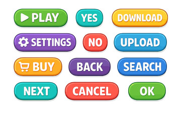 Collection of colorful user interface buttons for web applications and mobile devices. Modern layout UI kit for game design. Vector cartoon illustration of glossy buttons set.