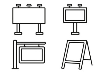 Billboard and signboard outline icon set. A collection of advertising and marketing symbols, including banner stands and displays. Empty vector template for commercial promotions.