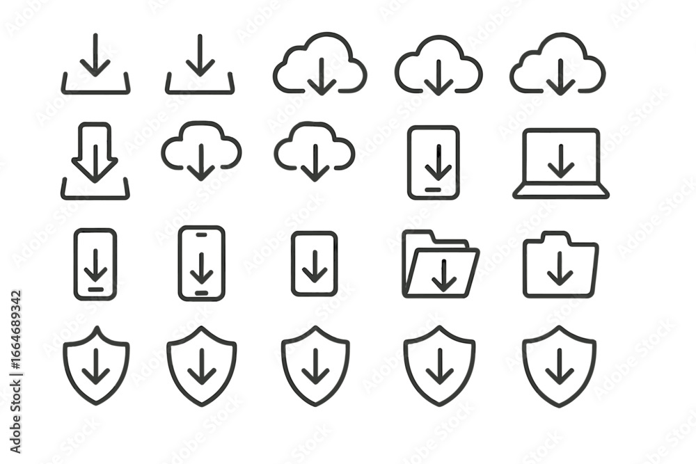 Secure Load Pictogram Download icon set. Stroke style vector pack. Cloud, folder, phone ...