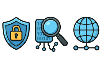 Cybersecurity vector icon set. Shield for data protection, magnifying glass for code analysis, and globe for network connectivity. Concepts for internet safety, privacy, firewall.