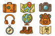 © Karla - Travel icons representing essential adventure and exploration items for vacation planning, hiking gear, navigation tools, camera, backpack, globe, and map in vector cartoon illustration set