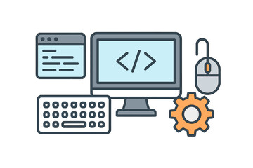 Modern digital tools for web development with computer monitor, coding symbols, mouse, keyboard, and gear icon, vector cartoon illustration on transparent background