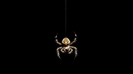 Close-Up of a Spider Hanging from a Silk Thread in Dark Background