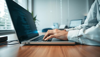 Person's hands typing on a laptop with blue digital data and network graphics computer technology