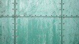 Aged green metal plates with rivets create a textured industrial background for various design projects and artistic presentations