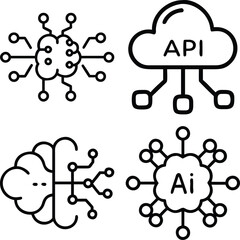 Four minimalist line art icons depicting neural networks, artificial intelligence, and cloud API connections, symbolizing modern technology and data integration.