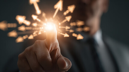 Wall Mural - businessman pointing at glowing light with arrows, symbolizing direction and innovation. image conve