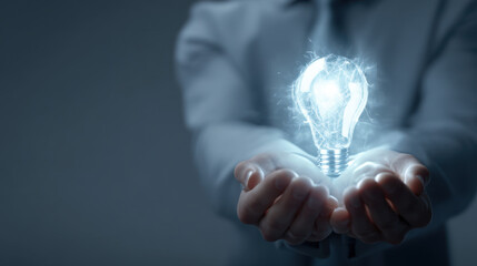Wall Mural - person holds glowing light bulb in their hands, symbolizing creativity and innovation. soft lighting