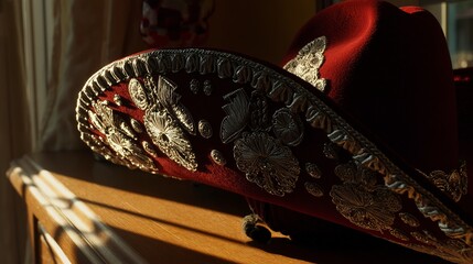 A closeup of a red sombrero with intricate silver embroidery, bathed in sunlight