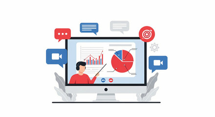 Online Presentation: A digital scene of a person presenting analytics data on a monitor, using modern technology for online presentation and analysis. 