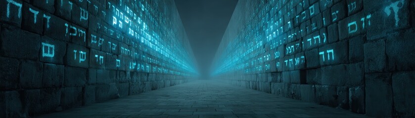 A flowing binary code design on a digital wall, symbolizing technology and data processing in a modern aesthetic, Yom Kippur Day with AI integrated