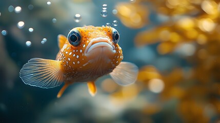 Wall Mural - A playful pufferfish blowing air bubbles in an underwater scene