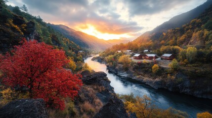 Wall Mural - Photographic works, autumn, canyon, sunset, golden light all over the sky, red maple, river shuttle, cabins scattered on both sides of the river
