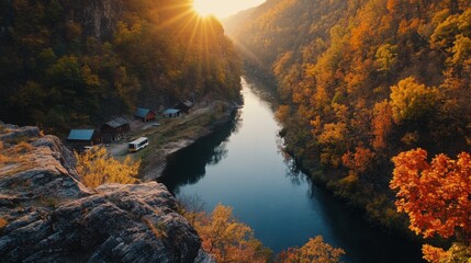 Wall Mural - Photographic works, autumn, canyon, sunset, golden light all over the sky, red maple, river shuttle, cabins scattered on both sides of the river
